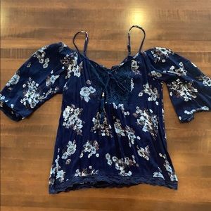 navy blue blouse with light blue flowers